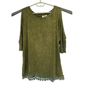 NEW Hayden Acid Wash Moss Green Cold Shoulder Lace Hem Top Sz Large